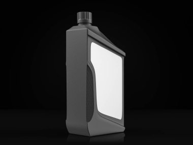 Siyah arka planda motor yağı şişesi. 3d illüstrasyon.