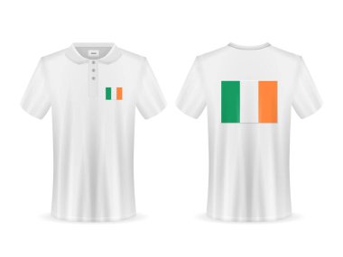 Beyaz arka planda İrlanda bayrağı olan polo tişört. Vektör illüstrasyonu.