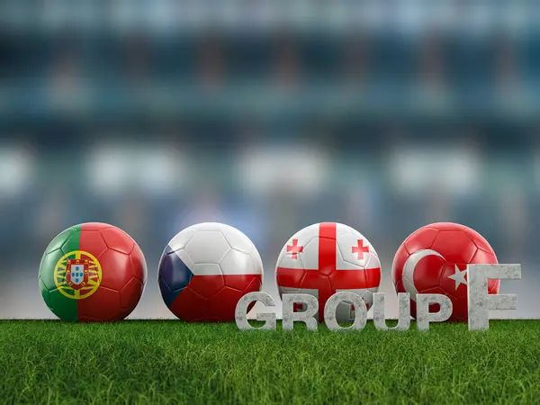 フットボールボールは フットボールフィールド上のユーロ2024グループFチームの旗が付いています 3Dイラスト — ストック写真