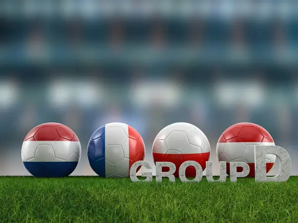 Bir Futbol Sahasında Euro 2024 Grup Takımlarının Bayraklarıyla Futbol Topları Telifsiz Stok Imajlar