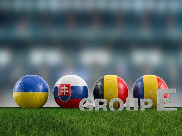 Euro 2024 Grubunun Bayraklı Futbol Topları Bir Futbol Sahasında Illüstrasyon Telifsiz Stok Fotoğraflar