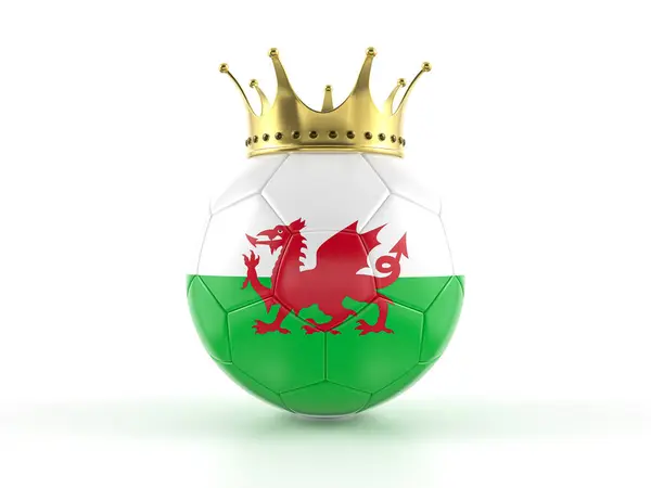 白い背景に王冠を持つウェールズのフラッグサッカーボール 3Dイラスト ロイヤリティフリーのストック写真