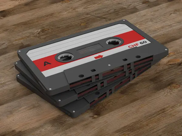 カセットテープは木の背景をテープします 3Dイラスト ロイヤリティフリーのストック写真