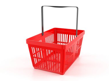 Beyaz arka planda alışveriş sepeti. 3d illüstrasyon.