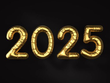 Siyah arka planda yeni 2025 balonları. 3d illüstrasyon.