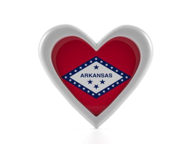 Kalp, Arkansas bayrağını beyaz arka planda şekillendirdi. 3d illüstrasyon.