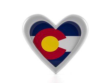 Kalp, beyaz arka planda Colorado bayrağını şekillendirdi. 3d illüstrasyon.