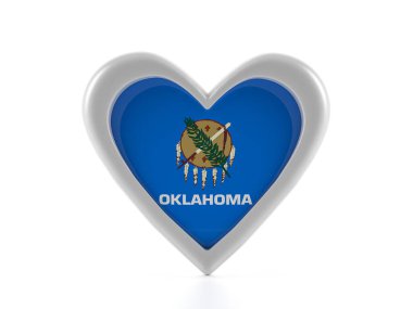 Beyaz arka planda kalp şeklinde Oklahoma bayrağı. 3d illüstrasyon.