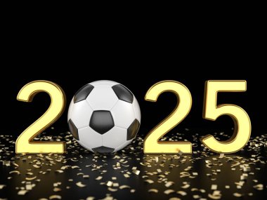 Yeni 2025 numaralı futbol topu ve siyah arka planda konfeti. 3d illüstrasyon.