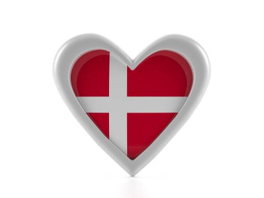 Beyaz arka planda kalp şeklinde Danimarka bayrağı. 3d illüstrasyon.