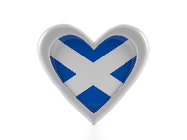 Kalp beyaz arka planda İskoçya bayrağını şekillendirdi. 3d illüstrasyon.