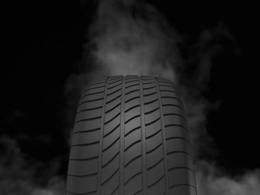 Siyah arka planda yanmış bir araba lastiği. 3d illüstrasyon.