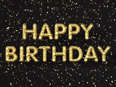 Altın balonlar siyah arka planda mutlu yıllar mesajı atıyor. 3d illüstrasyon.