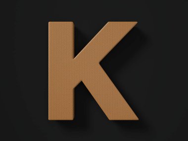 Siyah arka planda yırtılmış deri K harfi. 3d illüstrasyon.