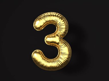 Siyah arka planda üç numaralı altın balon. 3d illüstrasyon.