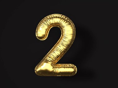 Siyah arka planda iki numaralı altın balon. 3d illüstrasyon.