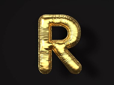 Siyah arka planda altın renkli balon R harfi. 3d illüstrasyon.