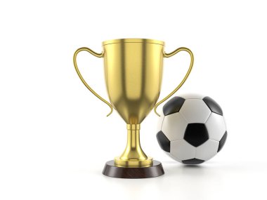 Kupa kupası ve beyaz arka planda futbol topu. 3d illüstrasyon.