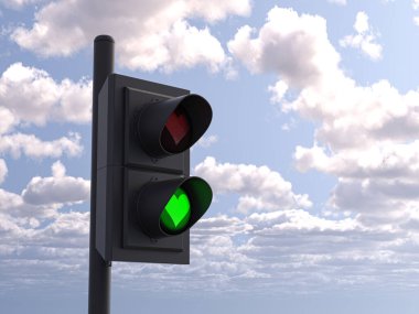 Gökyüzünün arka planında trafik ışığı. 3d illüstrasyon.