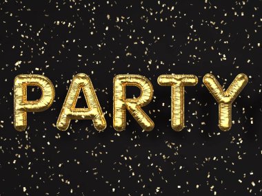 Altın balonlar siyah arka planda mesaj partisi veriyor. 3d illüstrasyon.