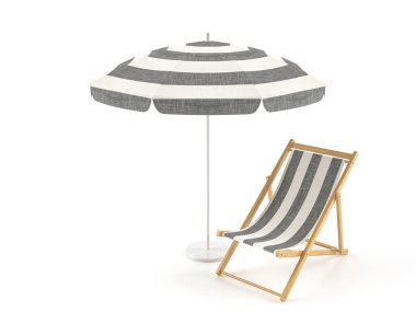 Beyaz arka planda plaj sandalyesi ve şemsiye. 3d illüstrasyon.