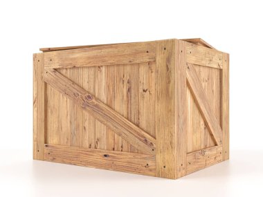 Beyaz arka planda tahta kutuyu aç. 3d illüstrasyon.