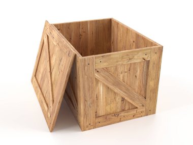 Beyaz arka planda tahta kutuyu aç. 3d illüstrasyon.