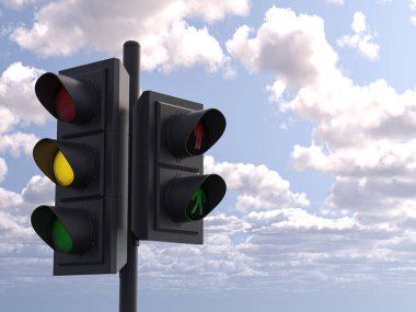 Gökyüzünün arka planında trafik ışığı. 3d illüstrasyon.