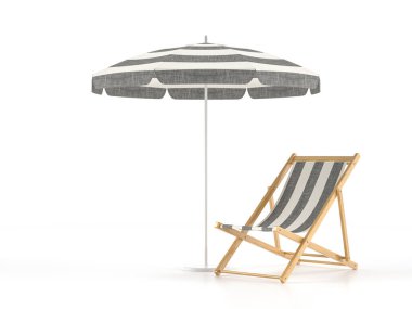 Beyaz arka planda plaj sandalyesi ve şemsiye. 3d illüstrasyon.