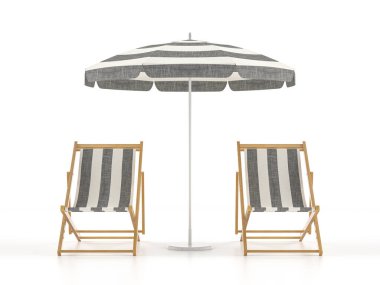 Beyaz arka planda plaj sandalyeleri ve şemsiye. Vektör illüstrasyonu.