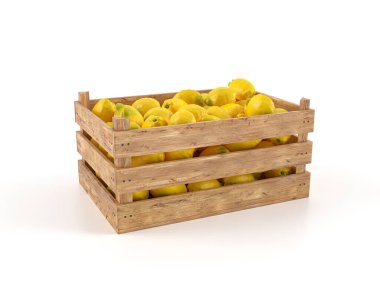 Beyaz arka planda limonlu ahşap sandık. 3d illüstrasyon.