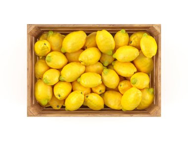 Beyaz arka planda limonlu ahşap sandık. 3d illüstrasyon.