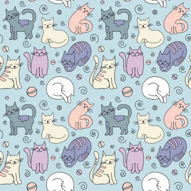 Elle çizilmiş vektörsüz desen. Kediler, pençeler, saf çocuksu süsler. Kumaş, giysi, ambalaj kağıdı, çocuk odası için duvar kağıdı, bebek eşyaları.