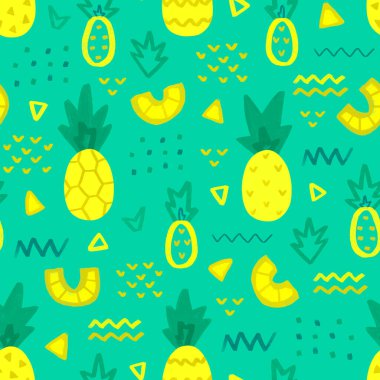 Elle çizilmiş ananas desenli kusursuz desen tasarımı. Ürün ambalajı, bebek kıyafetleri, duvar kağıtları, ev tekstili, ambalaj kağıdı ve kırtasiye malzemeleri için desen