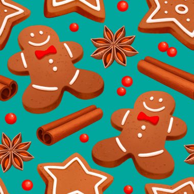 Kusursuz bir Noel deseni. Zencefilli adam ve Noel baharatlı yıldız kurabiyeleri.