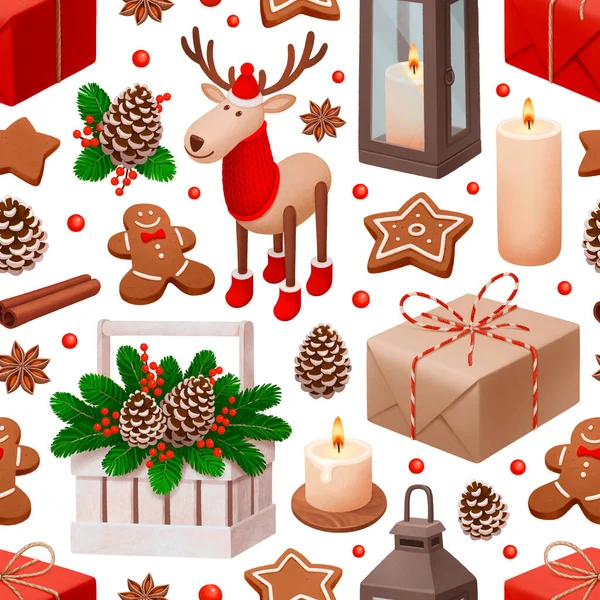 クリスマスのシームレスなパターン ギフトボックス トナカイのおもちゃ キャンドル ジンジャーブレッドマンとスタークッキー クリスマスの装飾やスパイスイラスト — ストック写真