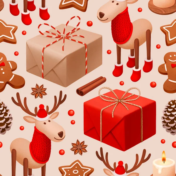 Vánoční Bezproblémový Vzor Dárkové Krabice Sobí Hračka Perníkový Muž Hvězdné — Stock fotografie