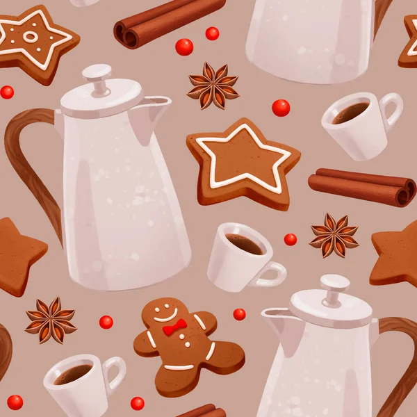 Christmas seamless pattern. Coffee pot, Gingerbread Man and star cookies with Christmas spices