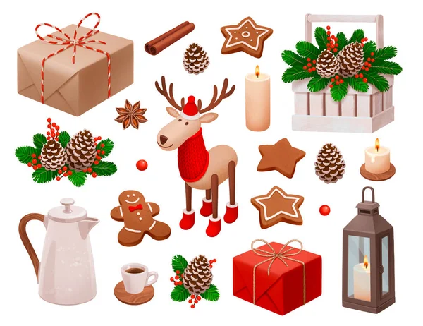 Christmas illustrations. Gift boxes, reindeer toy, candle, gingerbread man and star cookies, Christmas decorations and spices
