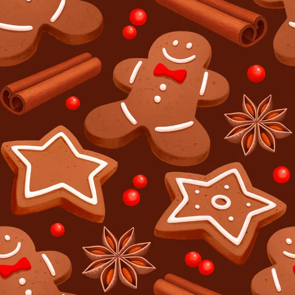 Christmas seamless pattern. Gingerbread Man and star cookies with Christmas spices