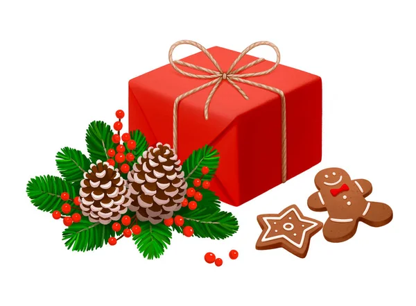 Útulné Vánoce Ilustrace Vánoční Dárkové Krabice Dekorace Sušenky — Stock fotografie