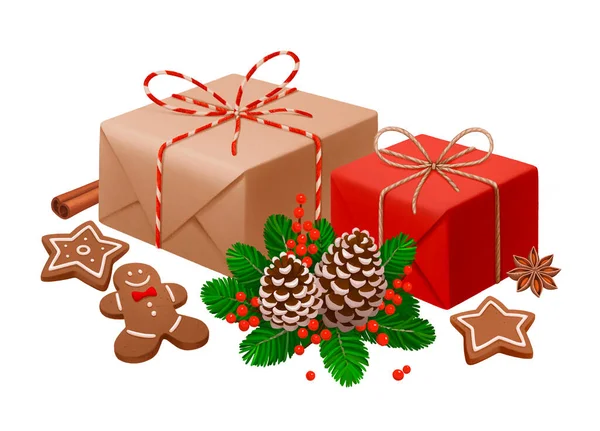 Уютное Рождество Иллюстрации Рождественских Подарочных Коробок Украшений Печенья — стоковое фото