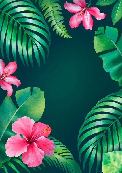 Aquarel Achtergrond Met Illustraties Van Tropische Flora — Stockfoto