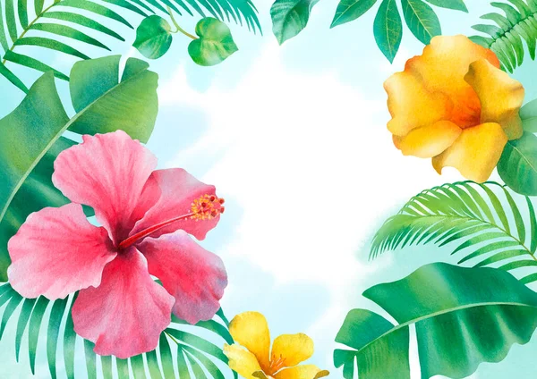 Aquarel Achtergrond Met Illustraties Van Tropische Flora — Stockfoto
