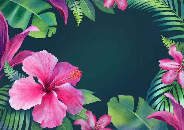 熱帯植物のイラストと水彩の背景 — ストック写真