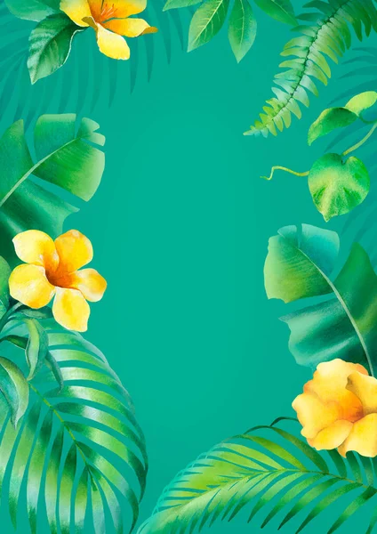 熱帯植物のイラストと水彩の背景 — ストック写真