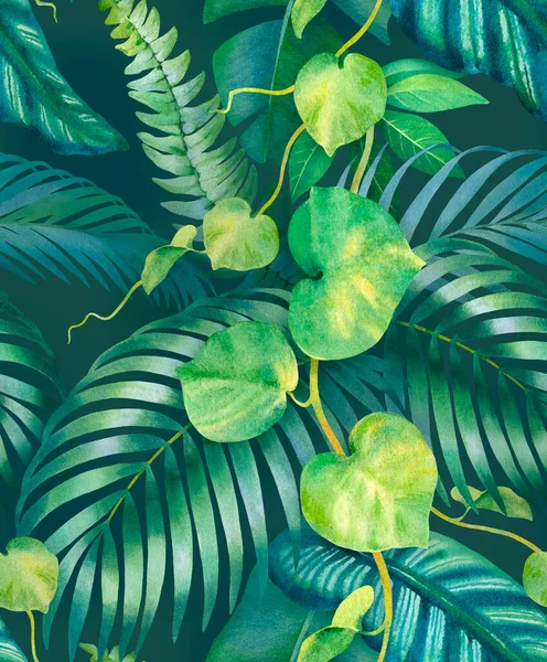带有热带植物区系图解的水彩画背景 无缝图案设计 — 图库照片