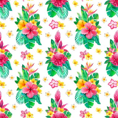Tropikal çiçek resimleriyle suluboya arka plan. Kusursuz desen tasarımı