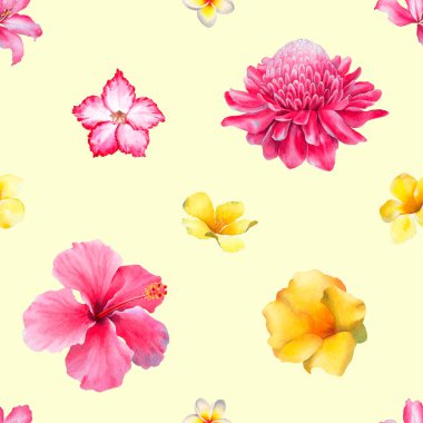 Tropikal çiçek resimleriyle suluboya arka plan. Kusursuz desen tasarımı