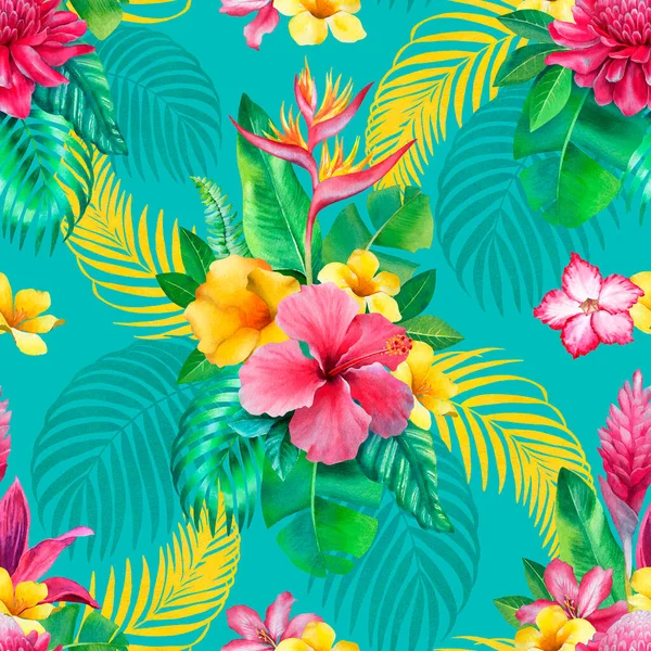 Aquarel Achtergrond Met Illustraties Van Tropische Bloemen Naadloos Patroon Ontwerp — Stockfoto